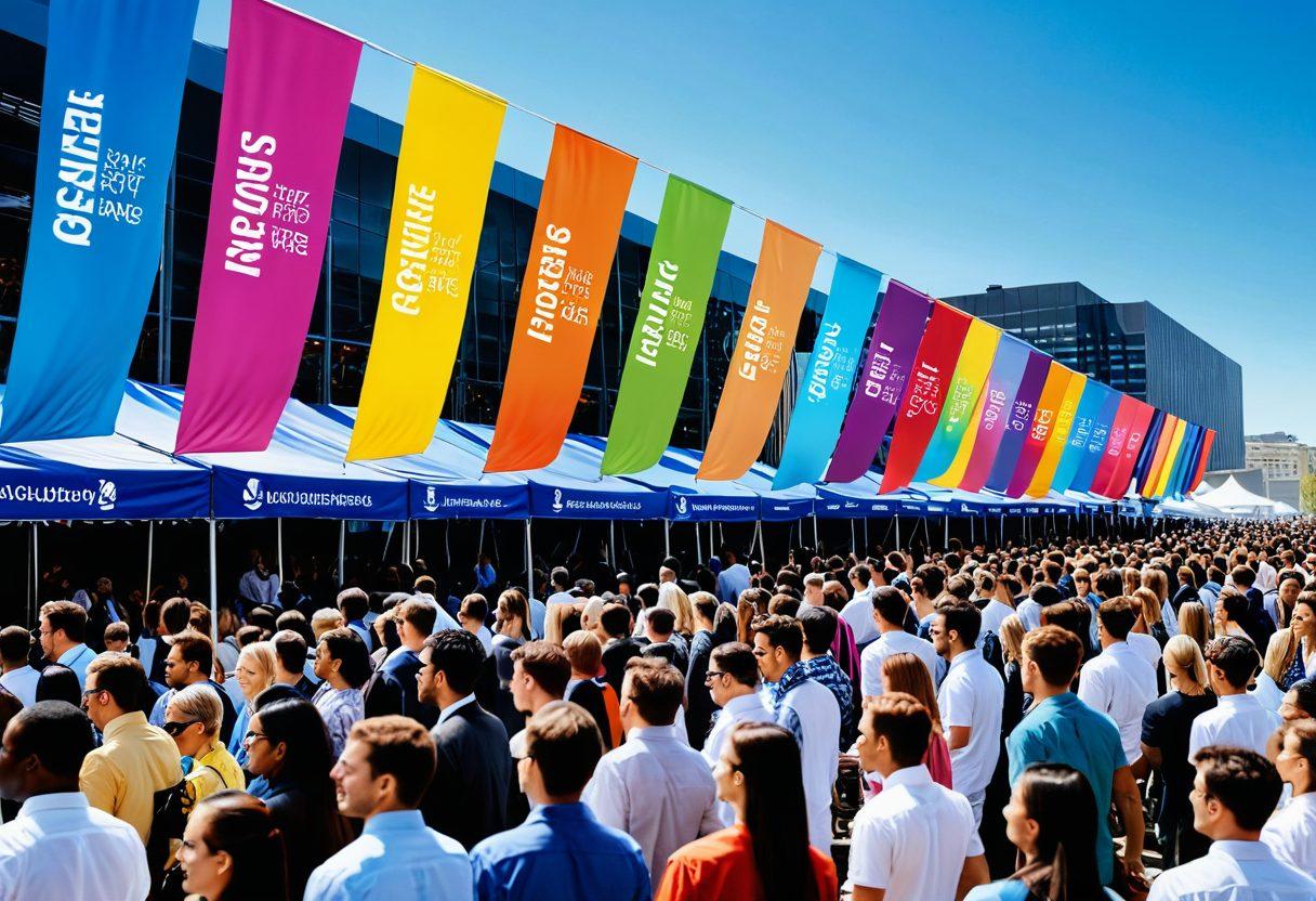 A dynamic scene showcasing vibrant printed banners in various sizes displayed at a bustling outdoor event, capturing the attention of diverse crowds. Include elements like bright colors, energetic interactions, and strategically placed banners to highlight their visibility impact. The background should be a clear blue sky to emphasize the effectiveness of the banners. super-realistic. vibrant colors.
