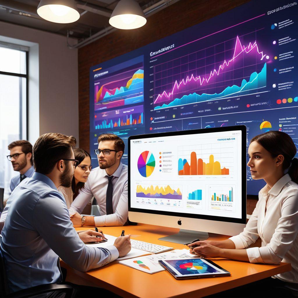 A dynamic composition featuring a diverse team of marketers brainstorming around a colorful, visually engaging digital advertisement that showcases various effective visual strategies. The background includes charts and graphs illustrating marketing analytics, with bright light bulbs symbolizing innovative ideas. Incorporate elements of digital technology like screens or tablets displaying enticing visuals. Emphasize a vibrant atmosphere with varied textures and a modern office setting. super-realistic. vibrant colors. 3D.