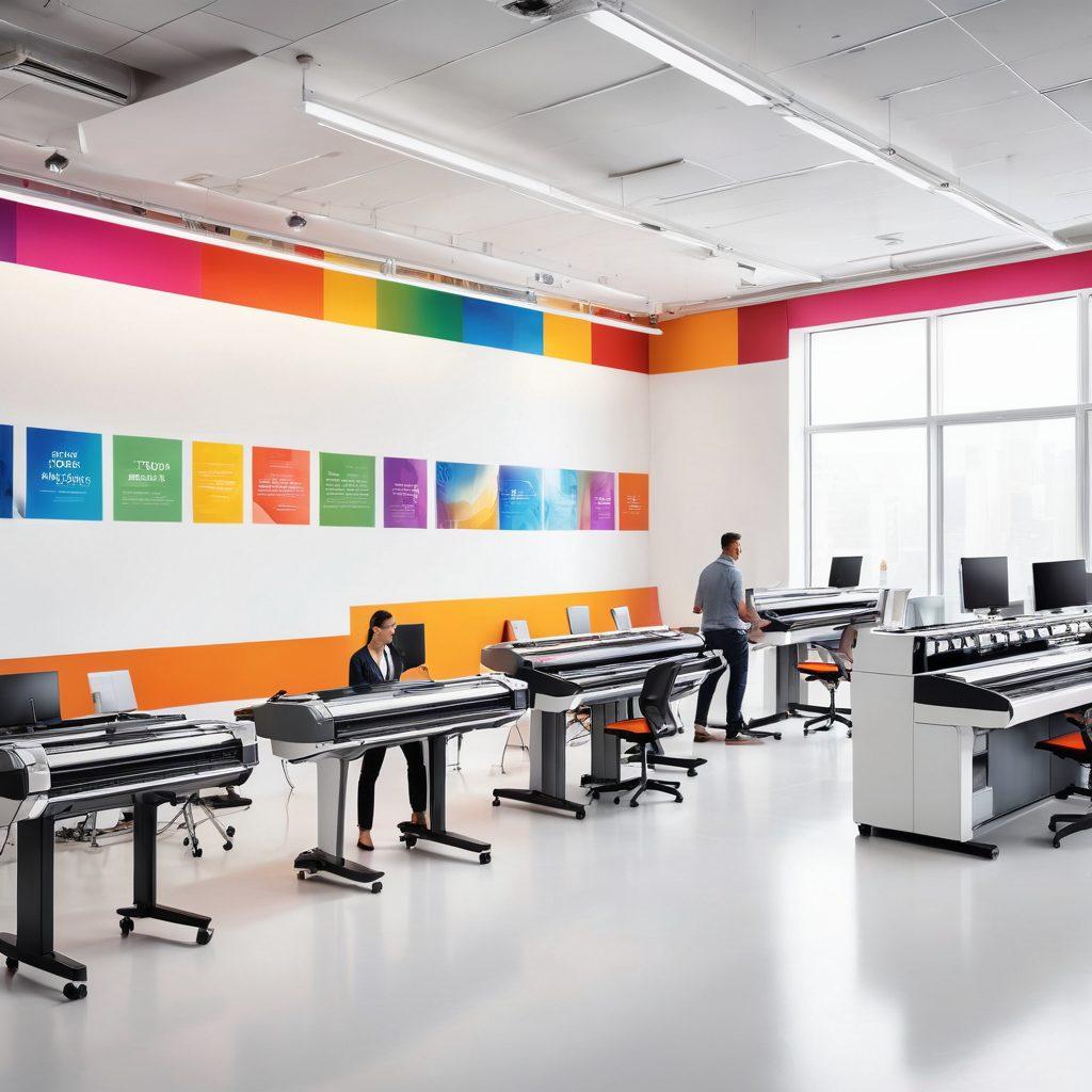 A vibrant scene showcasing a modern business environment with diverse individuals designing custom banners. Elements of printing technology, colorful banners hanging, and visual advertising in action. Bright colors dominating the composition, emphasizing creativity and brand impact. Include tools like printers and design software on digital screens. The atmosphere should be energetic and collaborative. super-realistic. vibrant colors. white background.